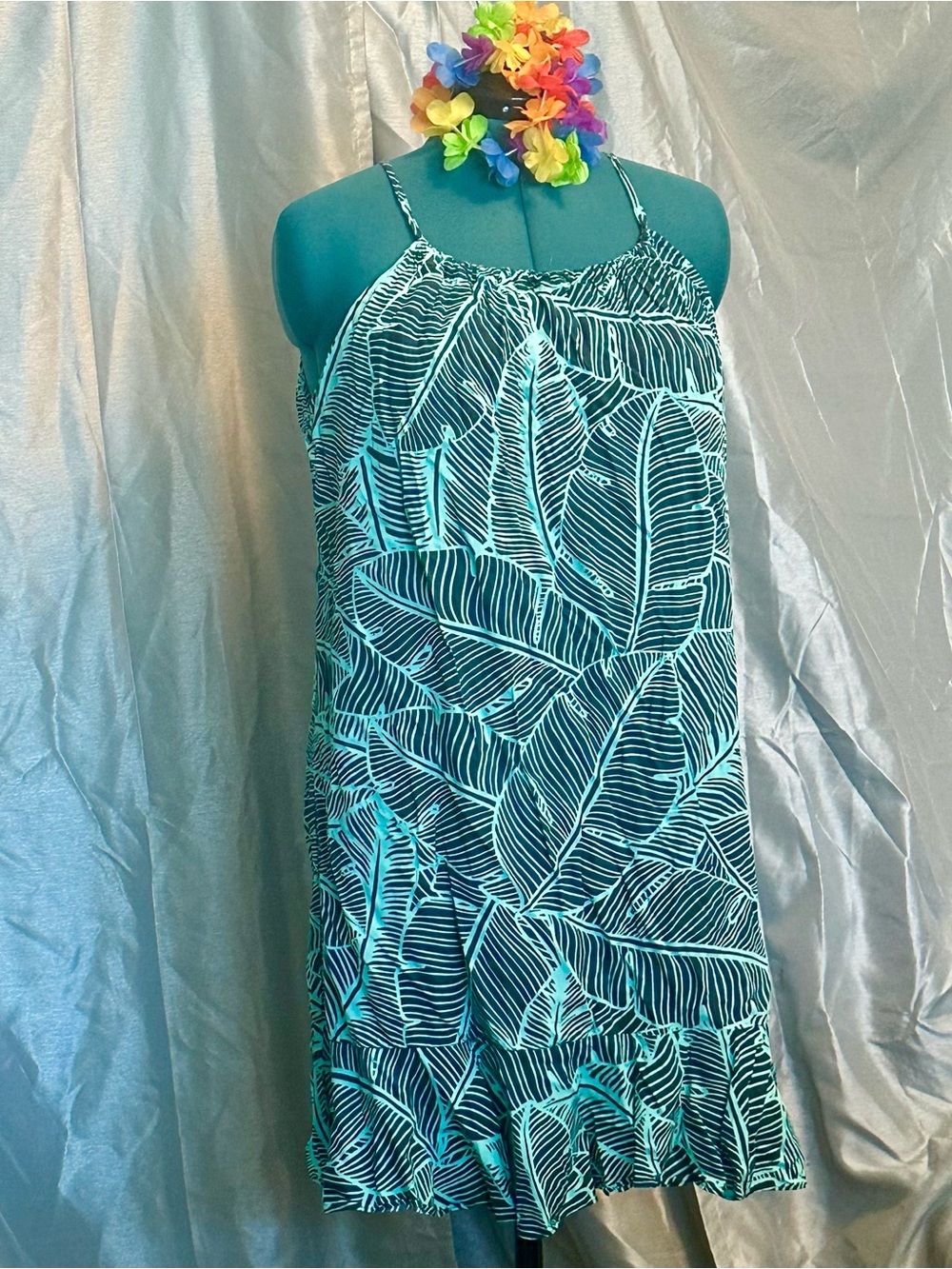Hilo Hattie Sleeveless Tropical Leaf Print Shift Dress in Teal XL
